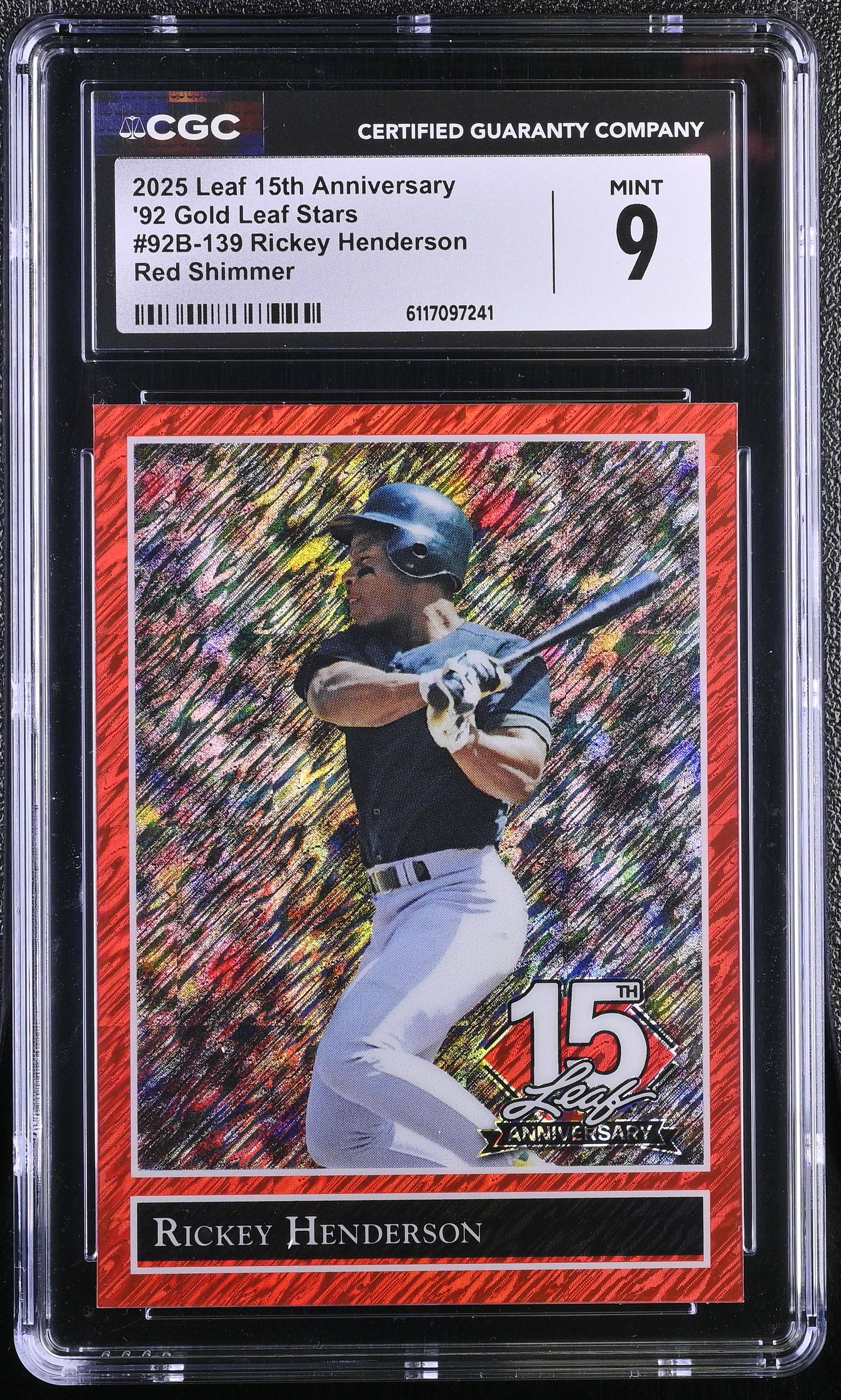 Rickey Henderson 2025 Leaf 15th Anniversary '92 Gold Leaf Stars Red Shimmer #92B-139 #3/3 (CGC 9) at PristineAuction.com Rickey Henderson 2025 Leaf 15th Anniversary '92 Gold Leaf Stars Red Shimmer #92B-139 #3/3 (CGC 9) at PristineAuction.com