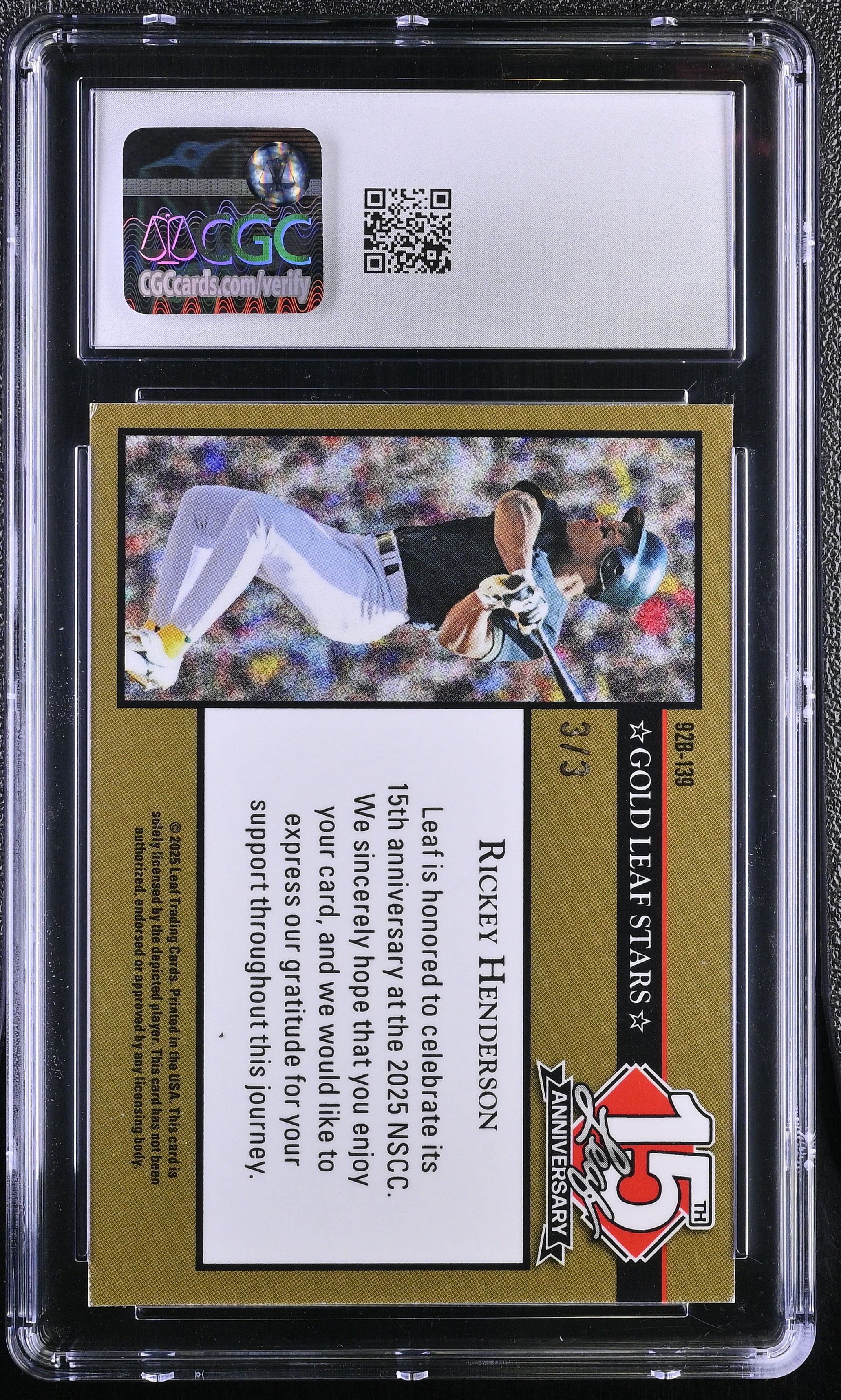 Rickey Henderson 2025 Leaf 15th Anniversary '92 Gold Leaf Stars Red Shimmer #92B-139 #3/3 (CGC 9) at PristineAuction.com Rickey Henderson 2025 Leaf 15th Anniversary '92 Gold Leaf Stars Red Shimmer #92B-139 #3/3 (CGC 9) at PristineAuction.com