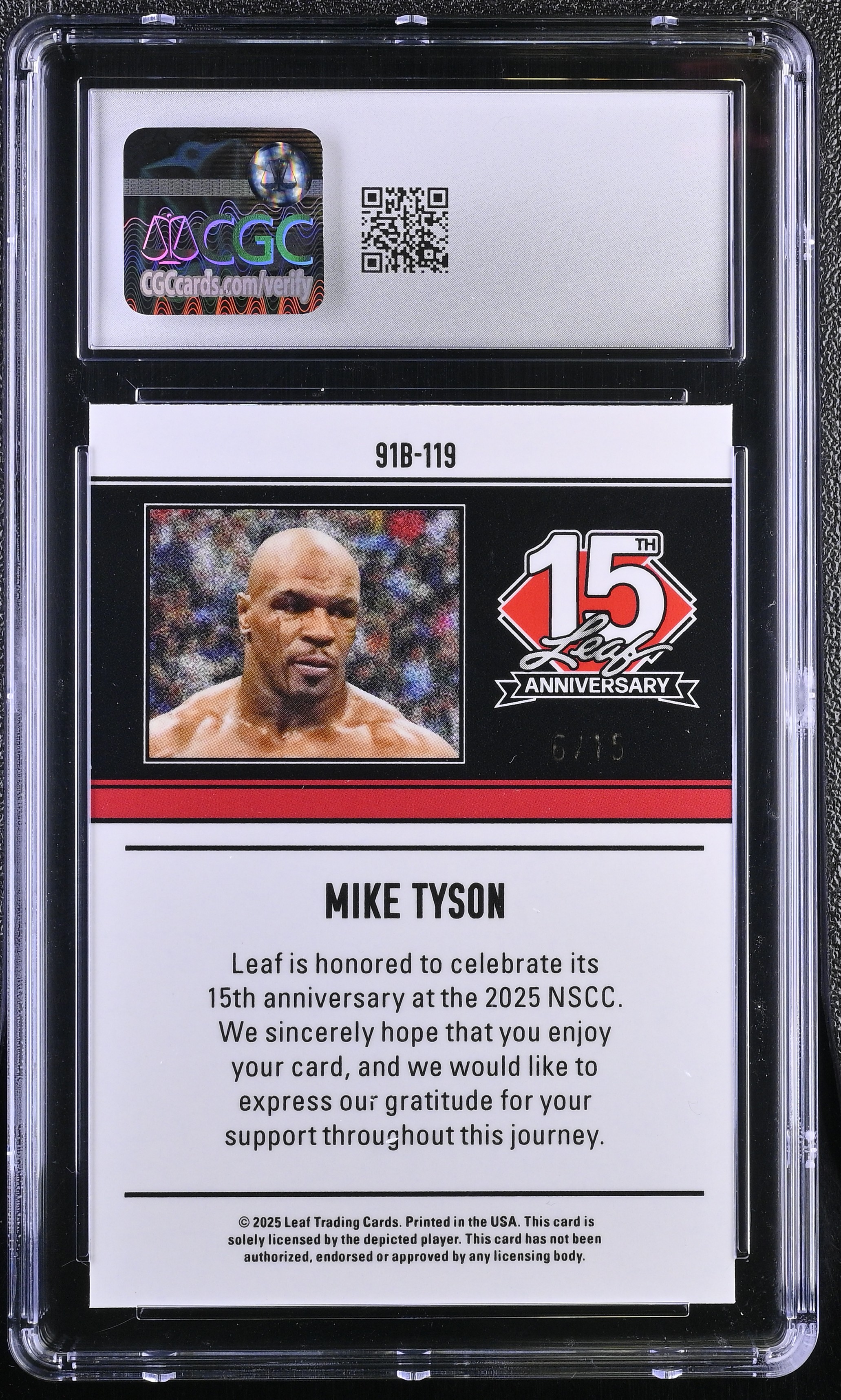 Mike Tyson 2025 Leaf 15th Anniversary '91 Leaf Silver Shimmer #91B-119 #6/15 (CGC 9.5) at PristineAuction.com Mike Tyson 2025 Leaf 15th Anniversary '91 Leaf Silver Shimmer #91B-119 #6/15 (CGC 9.5) at PristineAuction.com