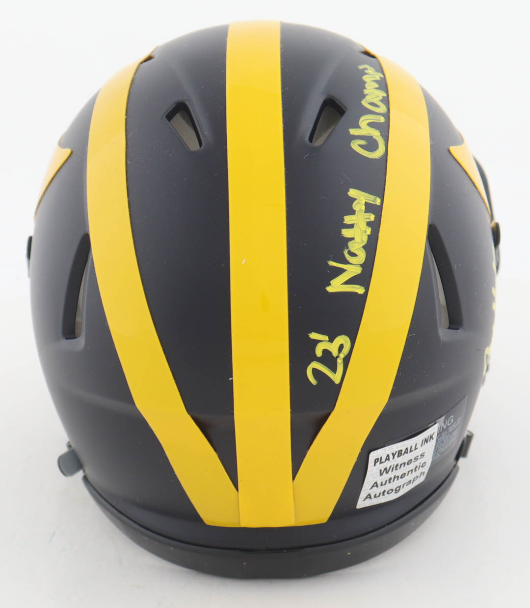 Josh Wallace Signed Michigan Wolverines Speed Mini Helmet Inscribed "23 Natty Champs" (Playball Ink) at PristineAuction.com Josh Wallace Signed Michigan Wolverines Speed Mini Helmet Inscribed "23 Natty Champs" (Playball Ink) at PristineAuction.com