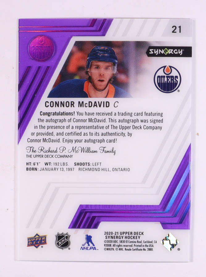 Connor McDavid 2020-21 Synergy Purple #21 Autograph #1/15 at PristineAuction.com Connor McDavid 2020-21 Synergy Purple #21 Autograph #1/15 at PristineAuction.com