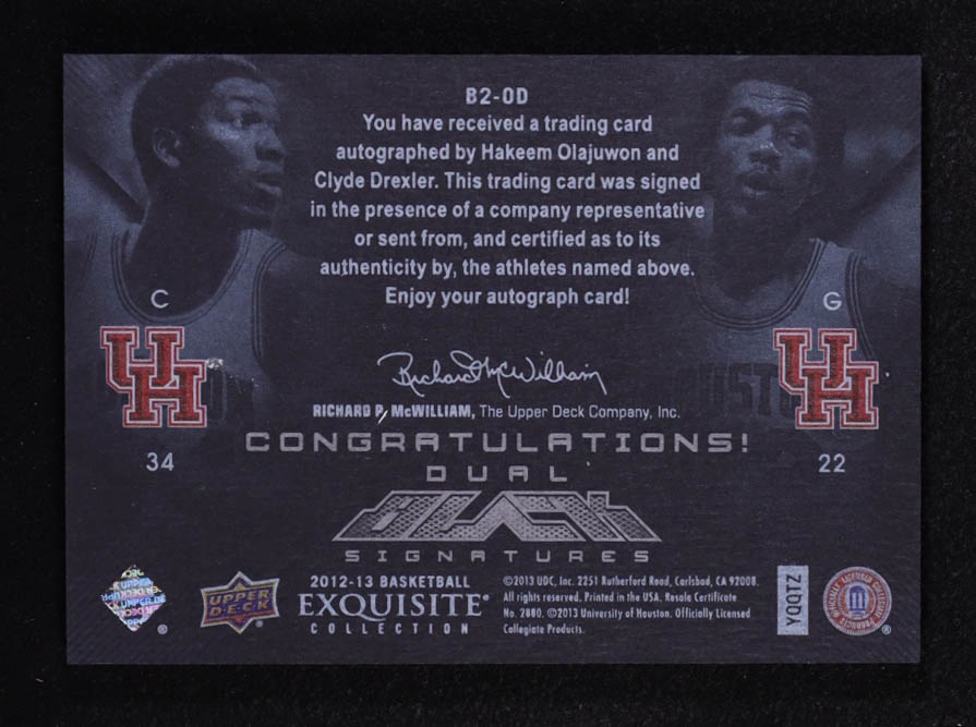 Hakeem Olajuwon / Clyde Drexler 2012-13 Exquisite Collection UD Black Autographs Dual #OD #15/35 at PristineAuction.com Hakeem Olajuwon / Clyde Drexler 2012-13 Exquisite Collection UD Black Autographs Dual #OD #15/35 at PristineAuction.com