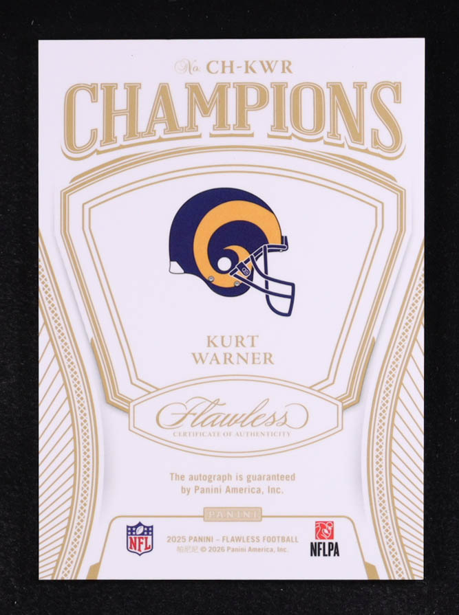 Kurt Warner 2025 Panini Flawless Champions Signatures Ruby #23 #4/15 at PristineAuction.com Kurt Warner 2025 Panini Flawless Champions Signatures Ruby #23 #4/15 at PristineAuction.com