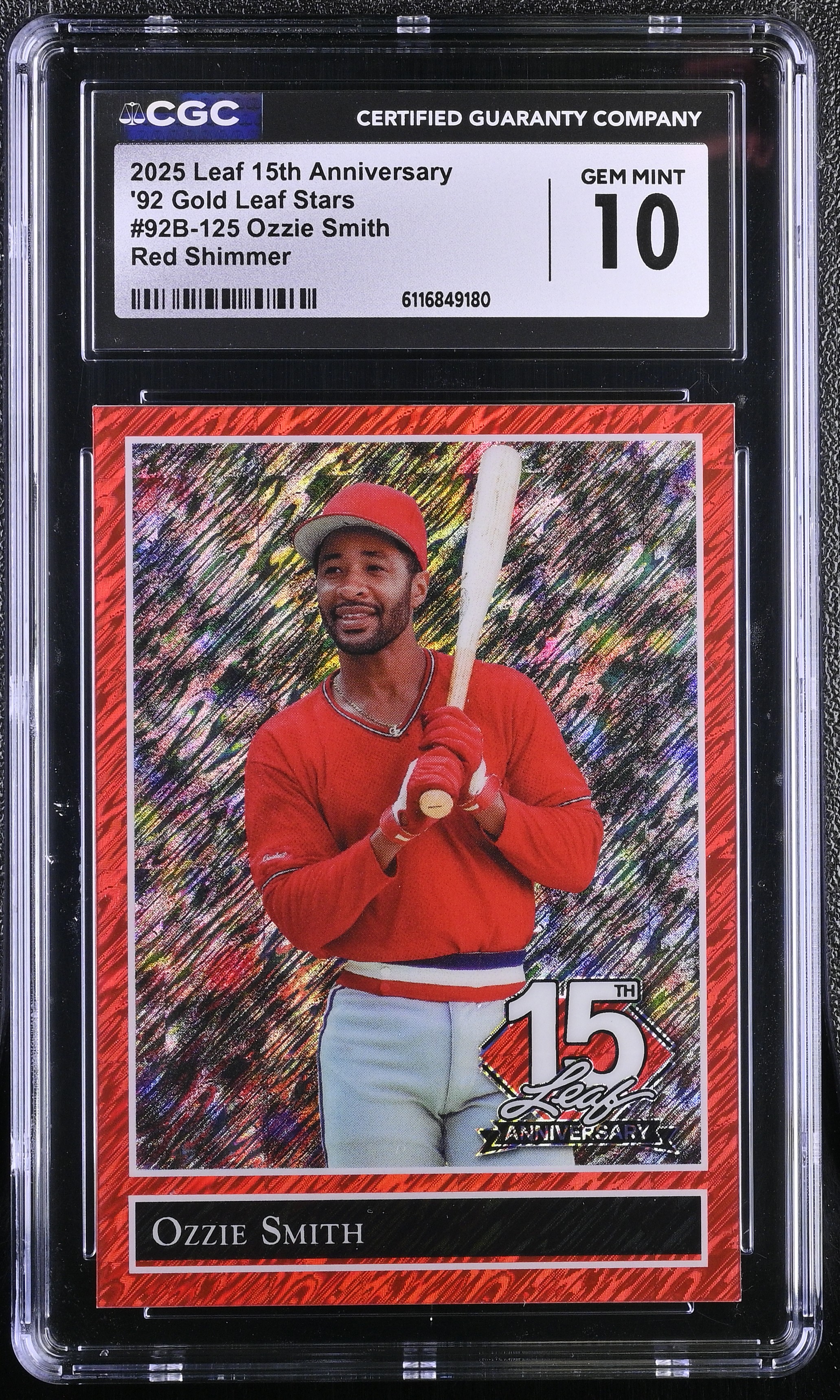 Ozzie Smith 2025 Leaf 15th Anniversary '92 Gold Leaf Stars Red Shimmer #92B-125 #1/3 (CGC 10) at PristineAuction.com Ozzie Smith 2025 Leaf 15th Anniversary '92 Gold Leaf Stars Red Shimmer #92B-125 #1/3 (CGC 10) at PristineAuction.com