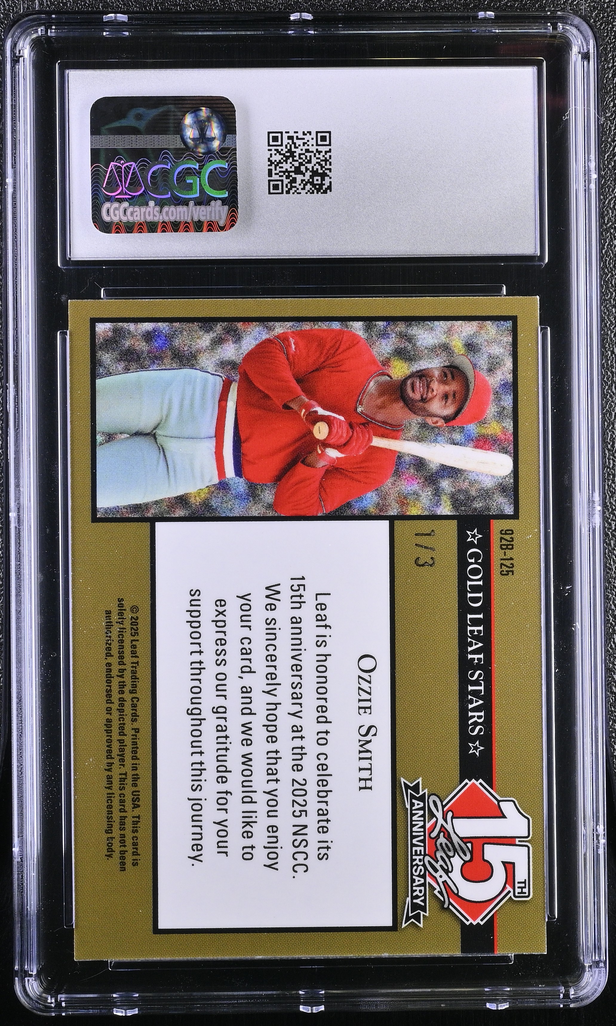 Ozzie Smith 2025 Leaf 15th Anniversary '92 Gold Leaf Stars Red Shimmer #92B-125 #1/3 (CGC 10) at PristineAuction.com Ozzie Smith 2025 Leaf 15th Anniversary '92 Gold Leaf Stars Red Shimmer #92B-125 #1/3 (CGC 10) at PristineAuction.com