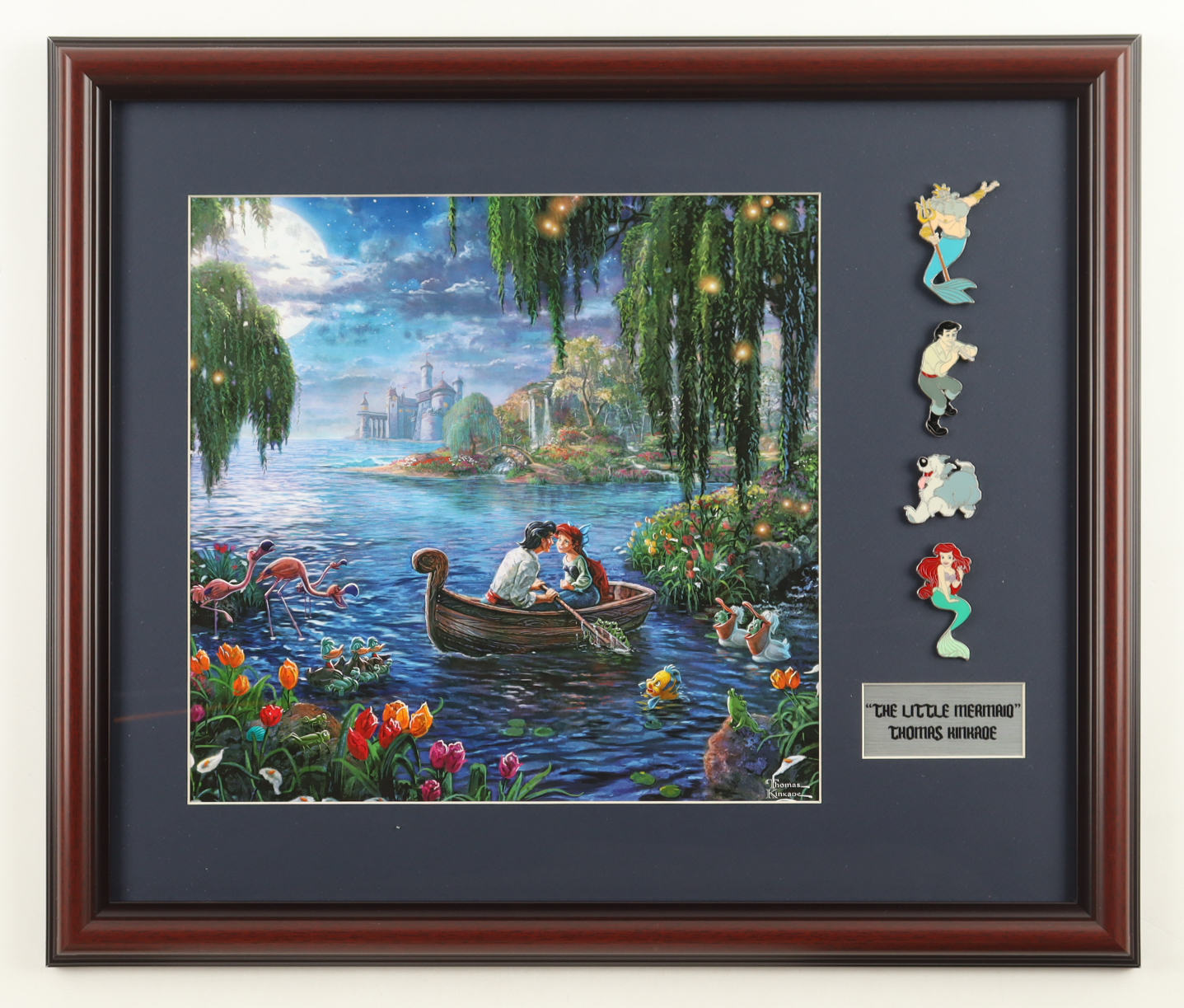 Thomas Kinkade "The Little Mermaid: Kiss The Girl" Custom Framed Print Display with Set of (4) Movie Release Pins at PristineAuction.com Thomas Kinkade "The Little Mermaid: Kiss The Girl" Custom Framed Print Display with Set of (4) Movie Release Pins at PristineAuction.com