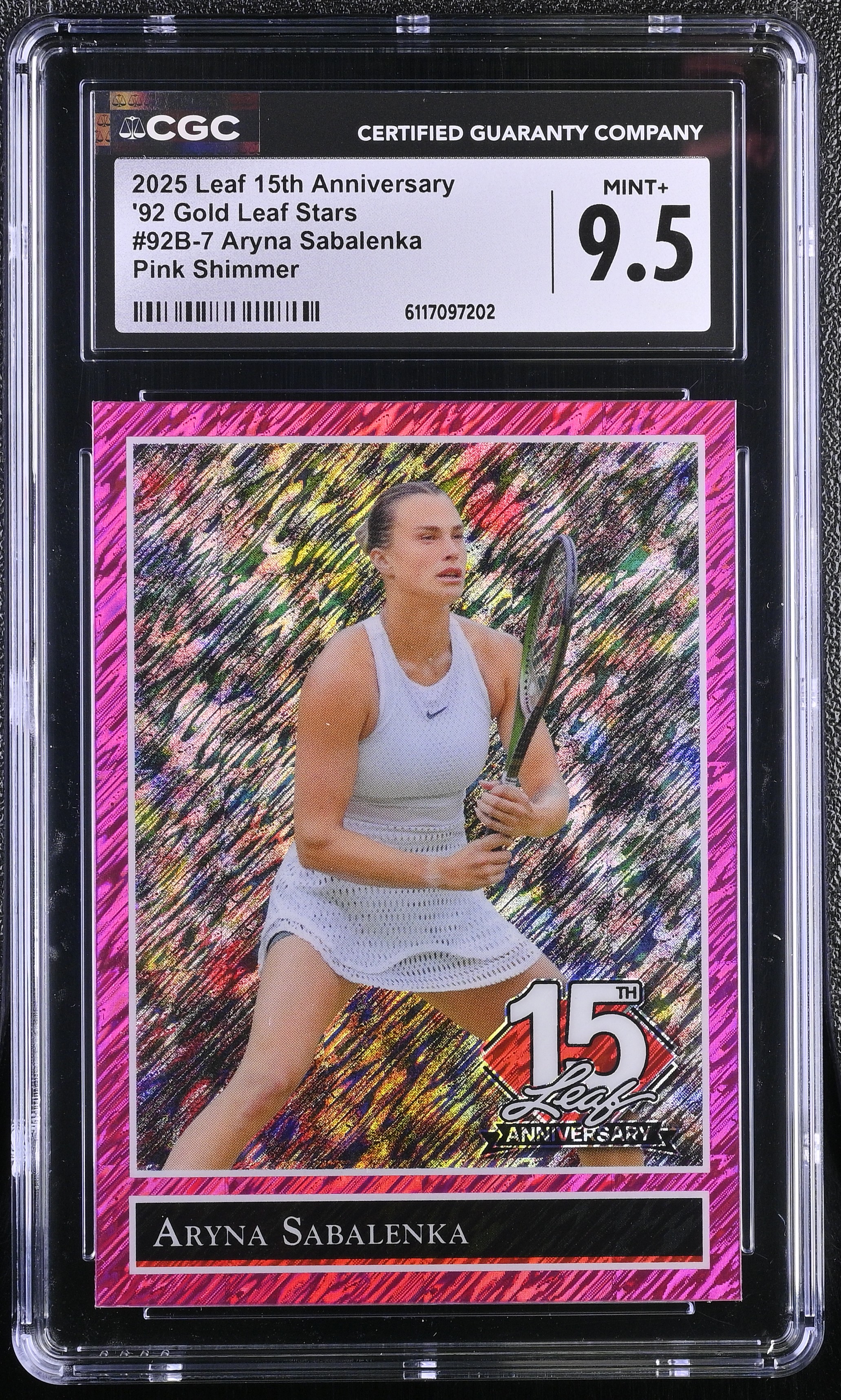 Aryna Sabalenka 2025 Leaf 15th Anniversary '92 Gold Leaf Stars Pink Shimmer #92B-7 #2/8 (CGC 9.5) at PristineAuction.com Aryna Sabalenka 2025 Leaf 15th Anniversary '92 Gold Leaf Stars Pink Shimmer #92B-7 #2/8 (CGC 9.5) at PristineAuction.com