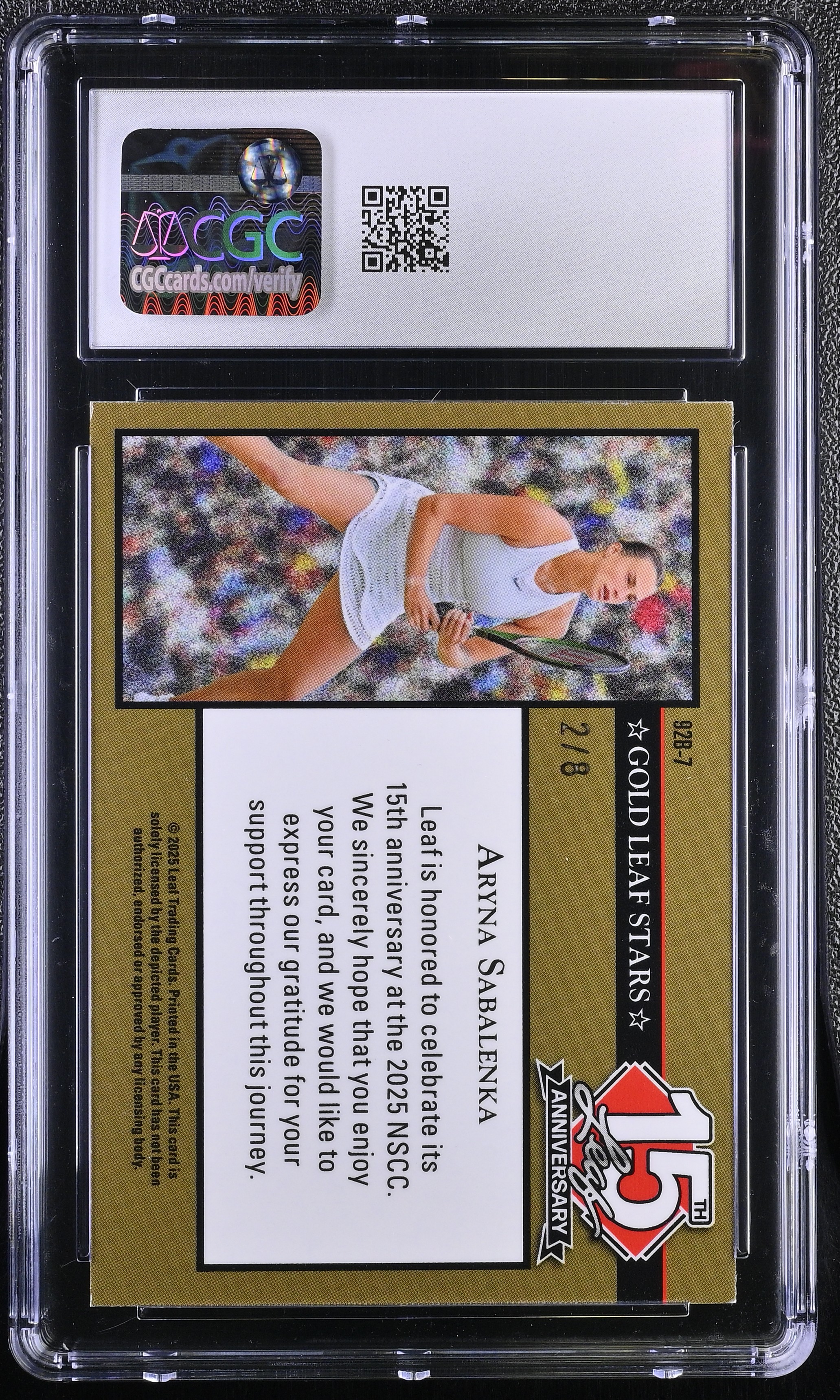 Aryna Sabalenka 2025 Leaf 15th Anniversary '92 Gold Leaf Stars Pink Shimmer #92B-7 #2/8 (CGC 9.5) at PristineAuction.com Aryna Sabalenka 2025 Leaf 15th Anniversary '92 Gold Leaf Stars Pink Shimmer #92B-7 #2/8 (CGC 9.5) at PristineAuction.com