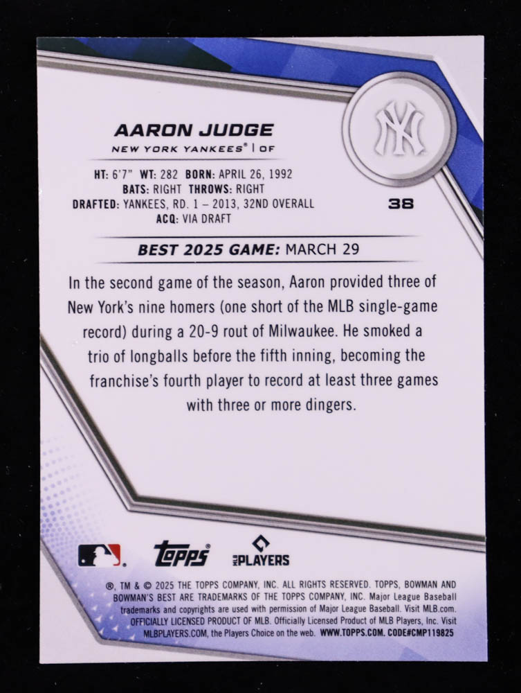 Aaron Judge 2025 Bowman's Best Aqua Lava Refractors #38 #92/199 at PristineAuction.com Aaron Judge 2025 Bowman's Best Aqua Lava Refractors #38 #92/199 at PristineAuction.com