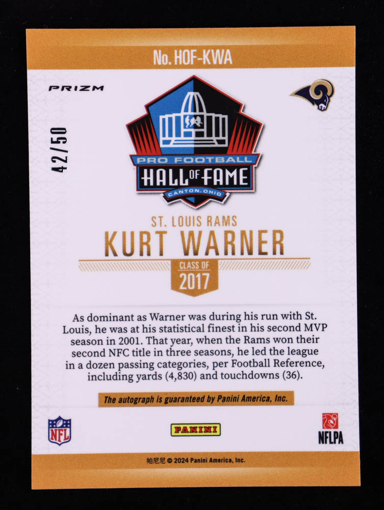 Kurt Warner 2023 Panini National Treasures Spectra HOF Signatures Prizm #8 #42/50 at PristineAuction.com Kurt Warner 2023 Panini National Treasures Spectra HOF Signatures Prizm #8 #42/50 at PristineAuction.com