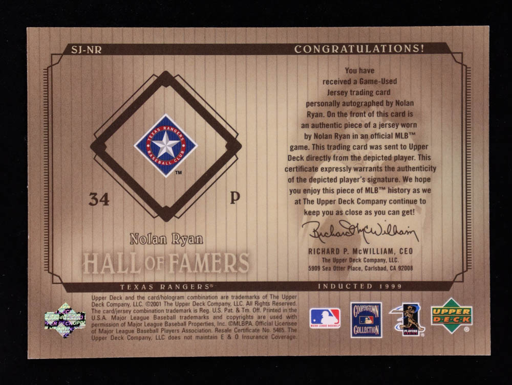 Nolan Ryan 2001 Upper Deck Hall of Famers Game Jersey Autograph #SJNR at PristineAuction.com Nolan Ryan 2001 Upper Deck Hall of Famers Game Jersey Autograph #SJNR at PristineAuction.com