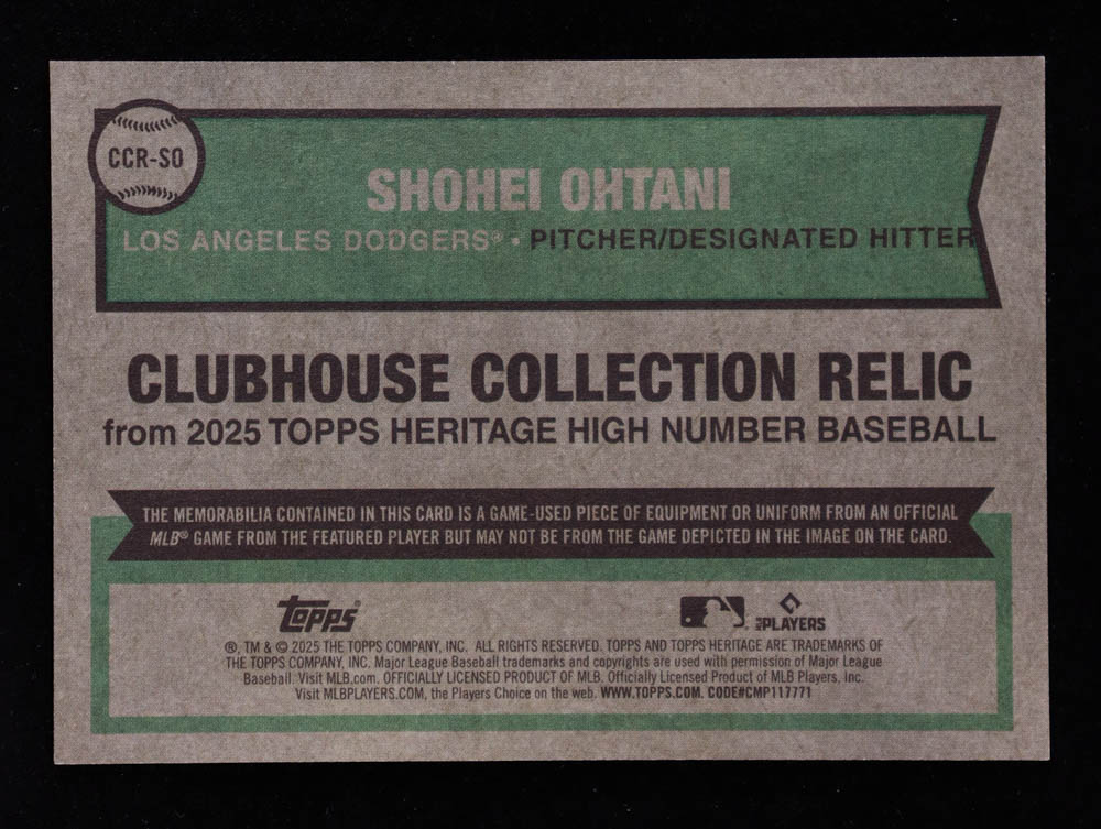 Shohei Ohtani 2025 Topps Heritage Clubhouse Collection Relics #CCRSO HN at PristineAuction.com Shohei Ohtani 2025 Topps Heritage Clubhouse Collection Relics #CCRSO HN at PristineAuction.com