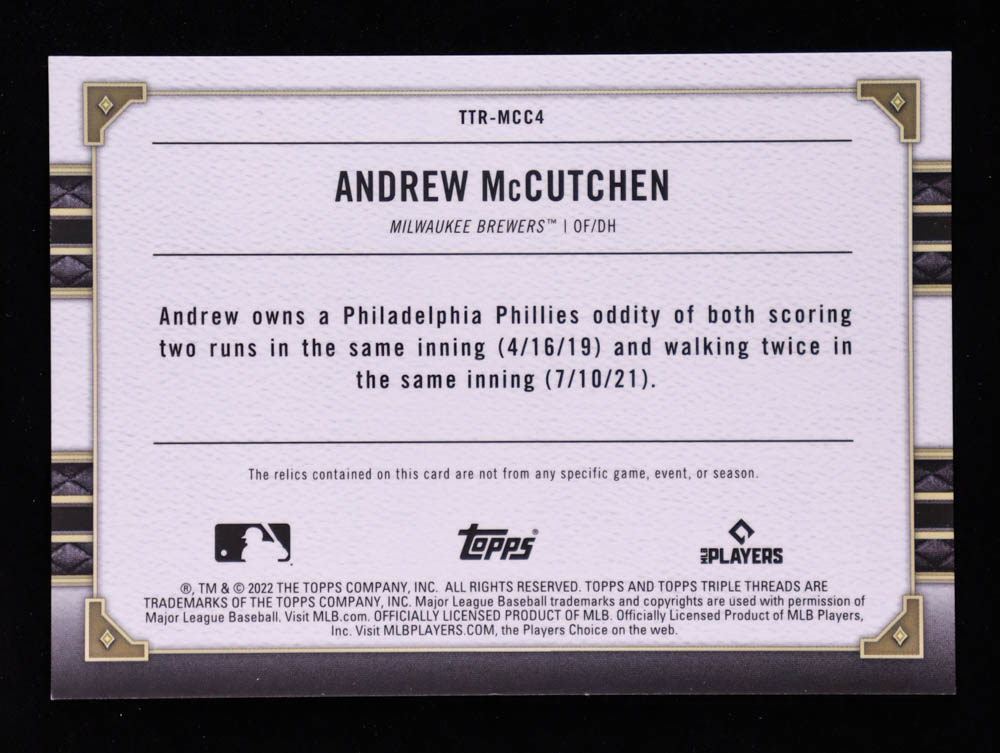 Andrew McCutchen 2022 Topps Triple Threads Relics Amethyst #TTRMCC4 #13/27 at PristineAuction.com Andrew McCutchen 2022 Topps Triple Threads Relics Amethyst #TTRMCC4 #13/27 at PristineAuction.com