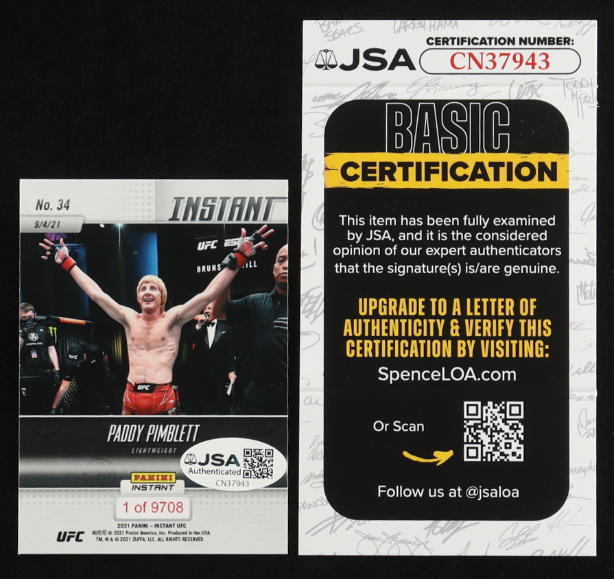 Paddy Pimblett Signed 2021 Panini Instant UFC #34 RC (JSA) at PristineAuction.com Paddy Pimblett Signed 2021 Panini Instant UFC #34 RC (JSA) at PristineAuction.com