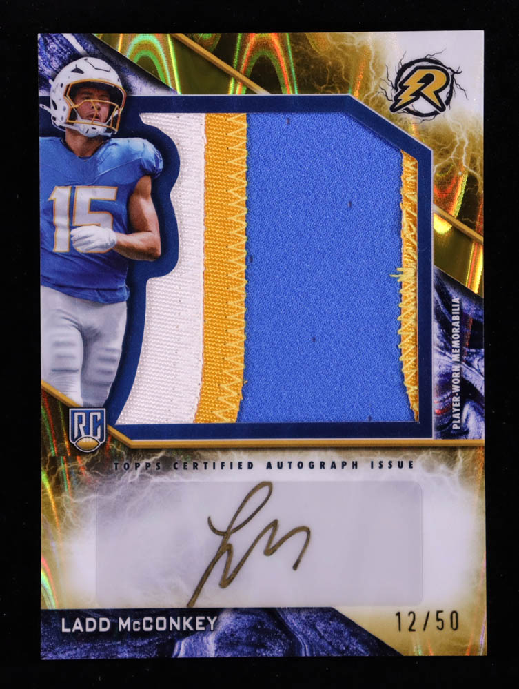 Ladd McConkey 2024 Topps Resurgence Resurgence Rookie Patch Autographs Gold Power Surge #RPALM RC #12/50 at PristineAuction.com Ladd McConkey 2024 Topps Resurgence Resurgence Rookie Patch Autographs Gold Power Surge #RPALM RC #12/50 at PristineAuction.com