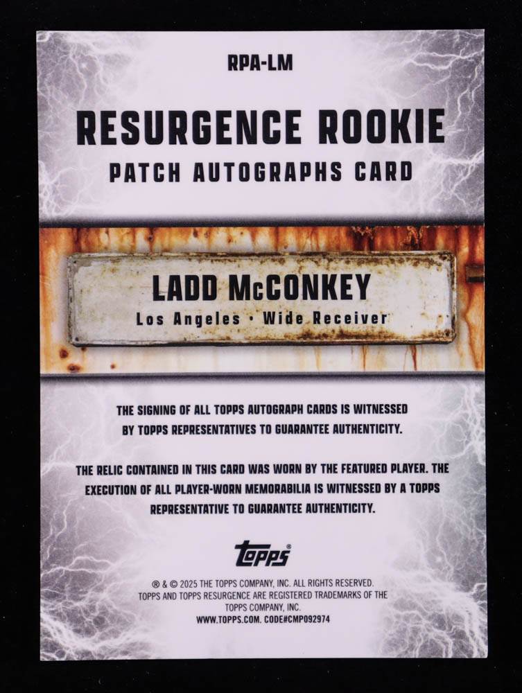 Ladd McConkey 2024 Topps Resurgence Resurgence Rookie Patch Autographs Gold Power Surge #RPALM RC #12/50 at PristineAuction.com Ladd McConkey 2024 Topps Resurgence Resurgence Rookie Patch Autographs Gold Power Surge #RPALM RC #12/50 at PristineAuction.com