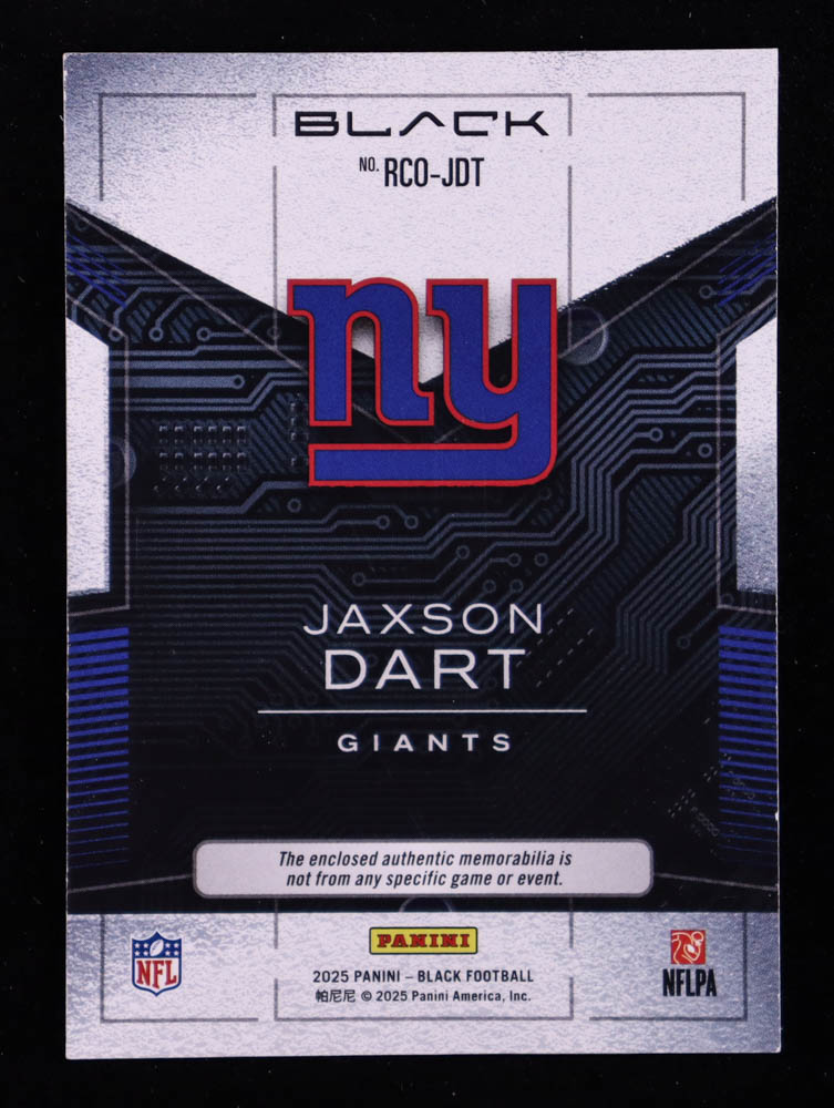 Jaxson Dart 2025 Panini Black Components Jerseys #RCOJDT RC #120/199 at PristineAuction.com Jaxson Dart 2025 Panini Black Components Jerseys #RCOJDT RC #120/199 at PristineAuction.com