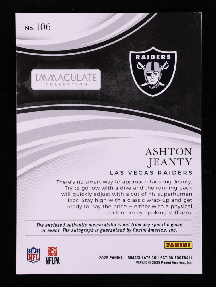 Ashton Jeanty 2025 Immaculate Collection #106 Jersey Autograph RC #47/99 at PristineAuction.com Ashton Jeanty 2025 Immaculate Collection #106 Jersey Autograph RC #47/99 at PristineAuction.com