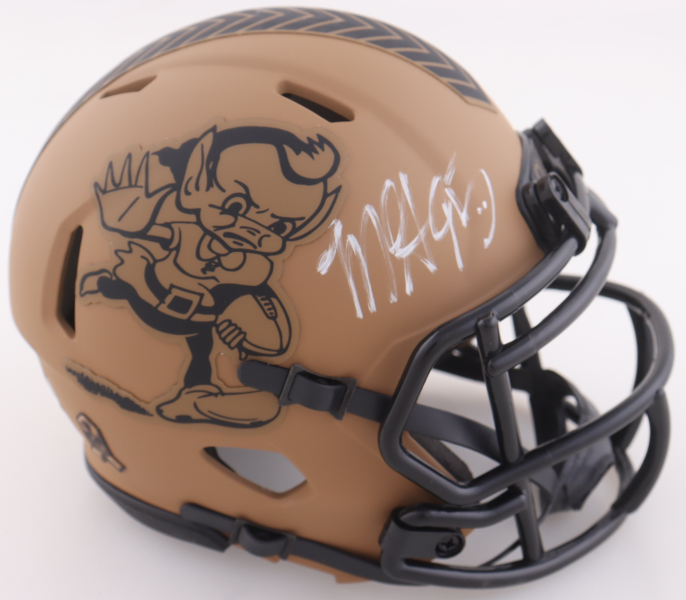 Myles Garrett Signed Browns Salute to Service Alternate Speed Mini Helmet (Beckett) at PristineAuction.com Myles Garrett Signed Browns Salute to Service Alternate Speed Mini Helmet (Beckett) at PristineAuction.com