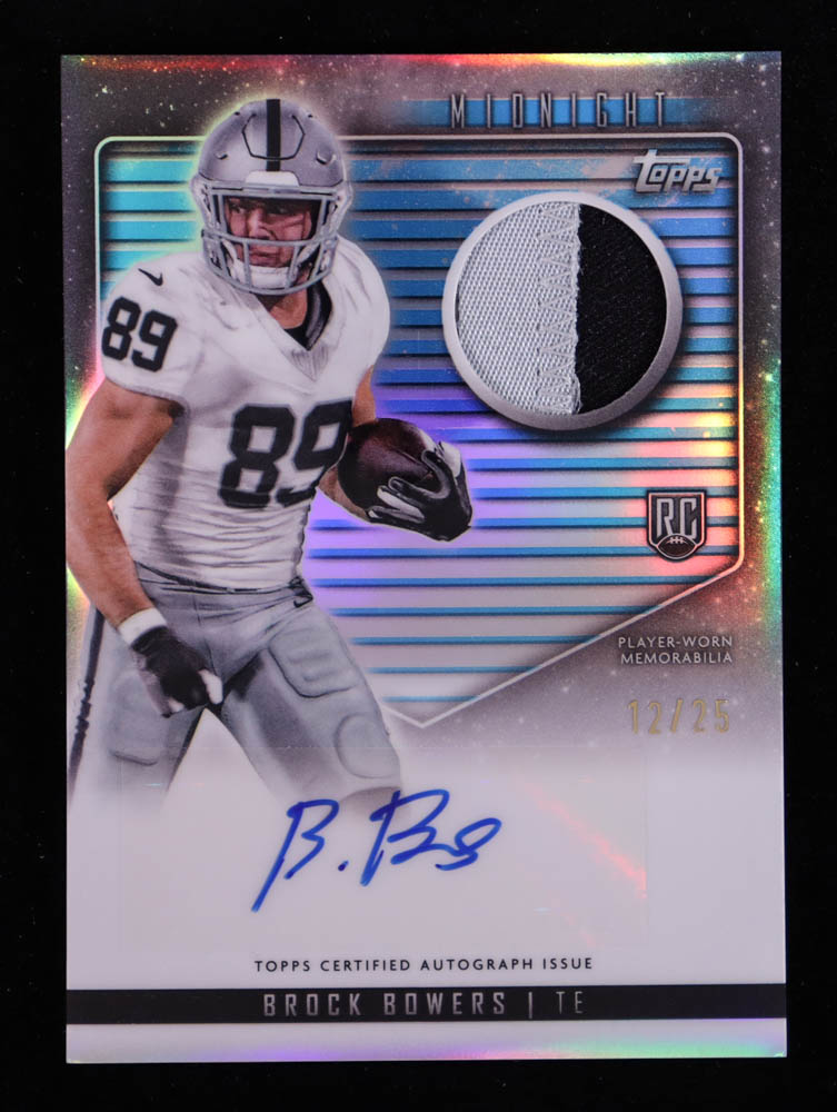 Brock Bowers 2024 Topps Midnight Rookie Jersey Autographs Moonrise #RJABB RC #12/25 at PristineAuction.com Brock Bowers 2024 Topps Midnight Rookie Jersey Autographs Moonrise #RJABB RC #12/25 at PristineAuction.com