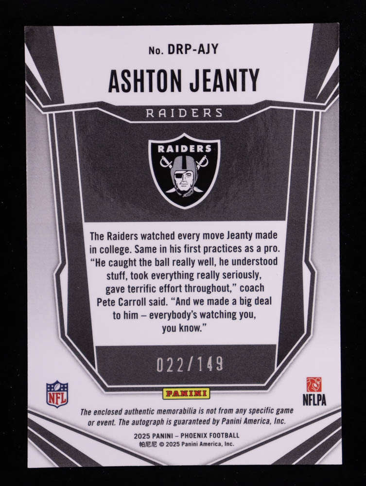 Ashton Jeanty 2025 Panini Phoenix Dual Rookie Patch Autographs Silver #6 RC #22/149 at PristineAuction.com Ashton Jeanty 2025 Panini Phoenix Dual Rookie Patch Autographs Silver #6 RC #22/149 at PristineAuction.com
