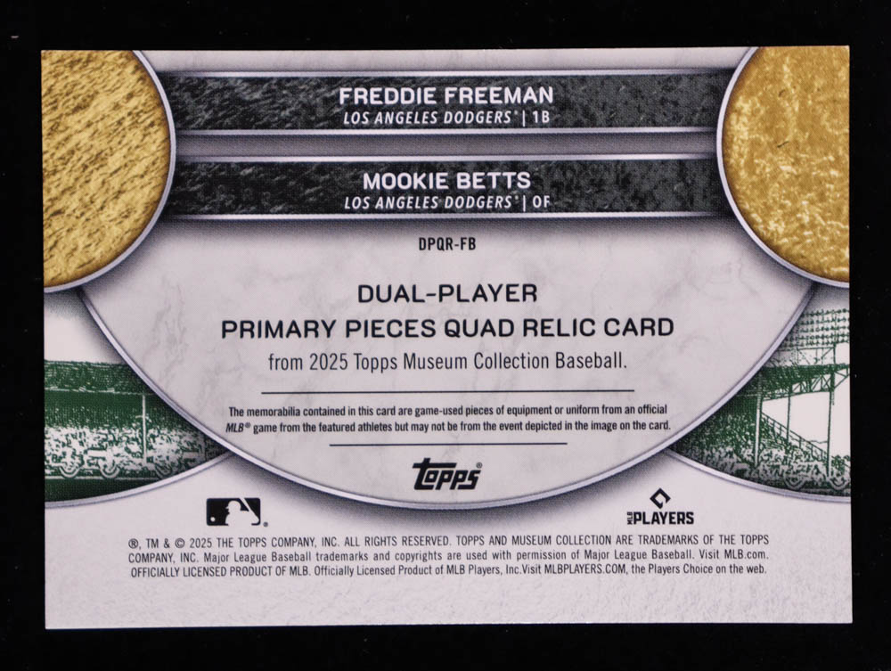 Freddie Freeman / Mookie Betts 2025 Topps Museum Collection Primary Pieces Dual Player Quad Relics Ruby #DPQRFB #1/10 at PristineAuction.com Freddie Freeman / Mookie Betts 2025 Topps Museum Collection Primary Pieces Dual Player Quad Relics Ruby #DPQRFB #1/10 at PristineAuction.com