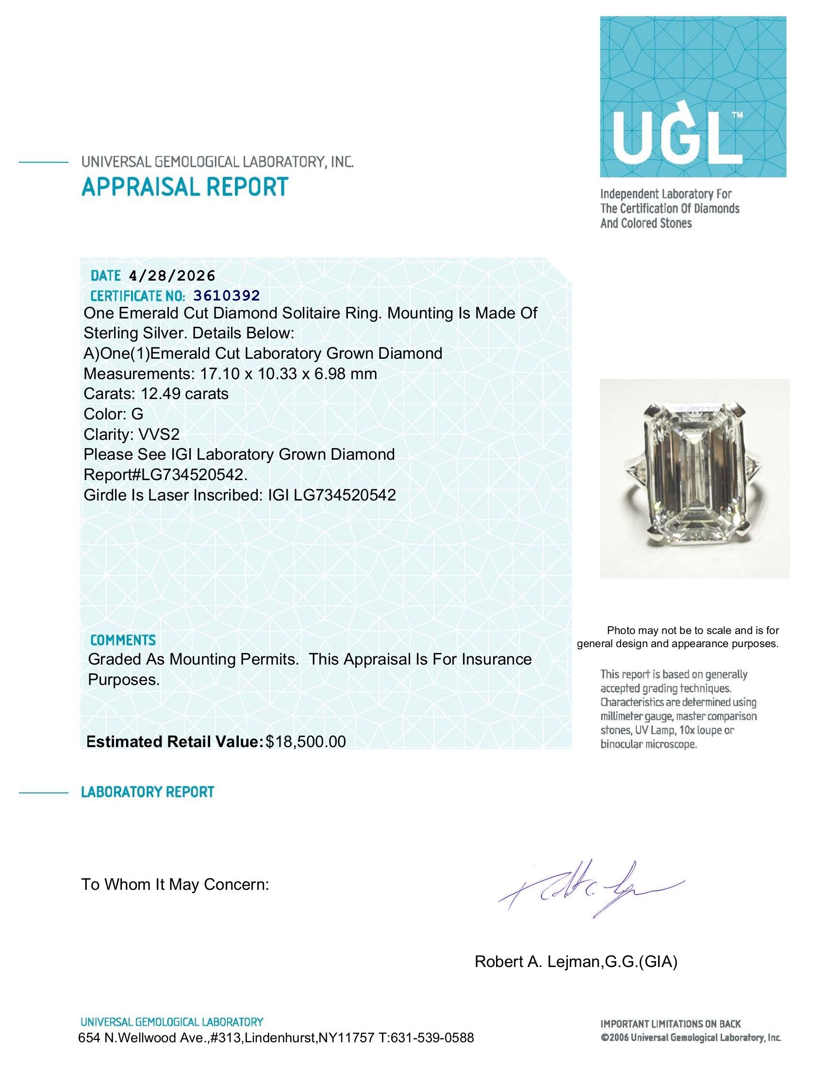 12.49 Carats Lab Grown Diamond Ring G, VVS2 | $18,500 Estimated Retail Value (UGL & IGI Certs) | Emerald Cut| Brand New at PristineAuction.com 12.49 Carats Lab Grown Diamond Ring G, VVS2 | $18,500 Estimated Retail Value (UGL & IGI Certs) | Emerald Cut| Brand New at PristineAuction.com