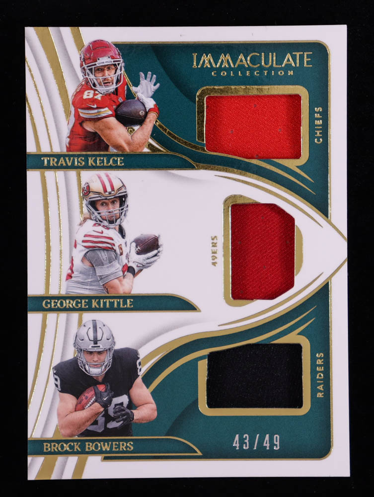 George Kittle / Travis Kelce / Brock Bowers 2024 Immaculate Collection Immaculate Triple Jerseys #9 #43/49 at PristineAuction.com George Kittle / Travis Kelce / Brock Bowers 2024 Immaculate Collection Immaculate Triple Jerseys #9 #43/49 at PristineAuction.com
