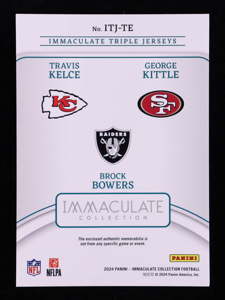 George Kittle / Travis Kelce / Brock Bowers 2024 Immaculate Collection Immaculate Triple Jerseys #9 #43/49 at PristineAuction.com George Kittle / Travis Kelce / Brock Bowers 2024 Immaculate Collection Immaculate Triple Jerseys #9 #43/49 at PristineAuction.com