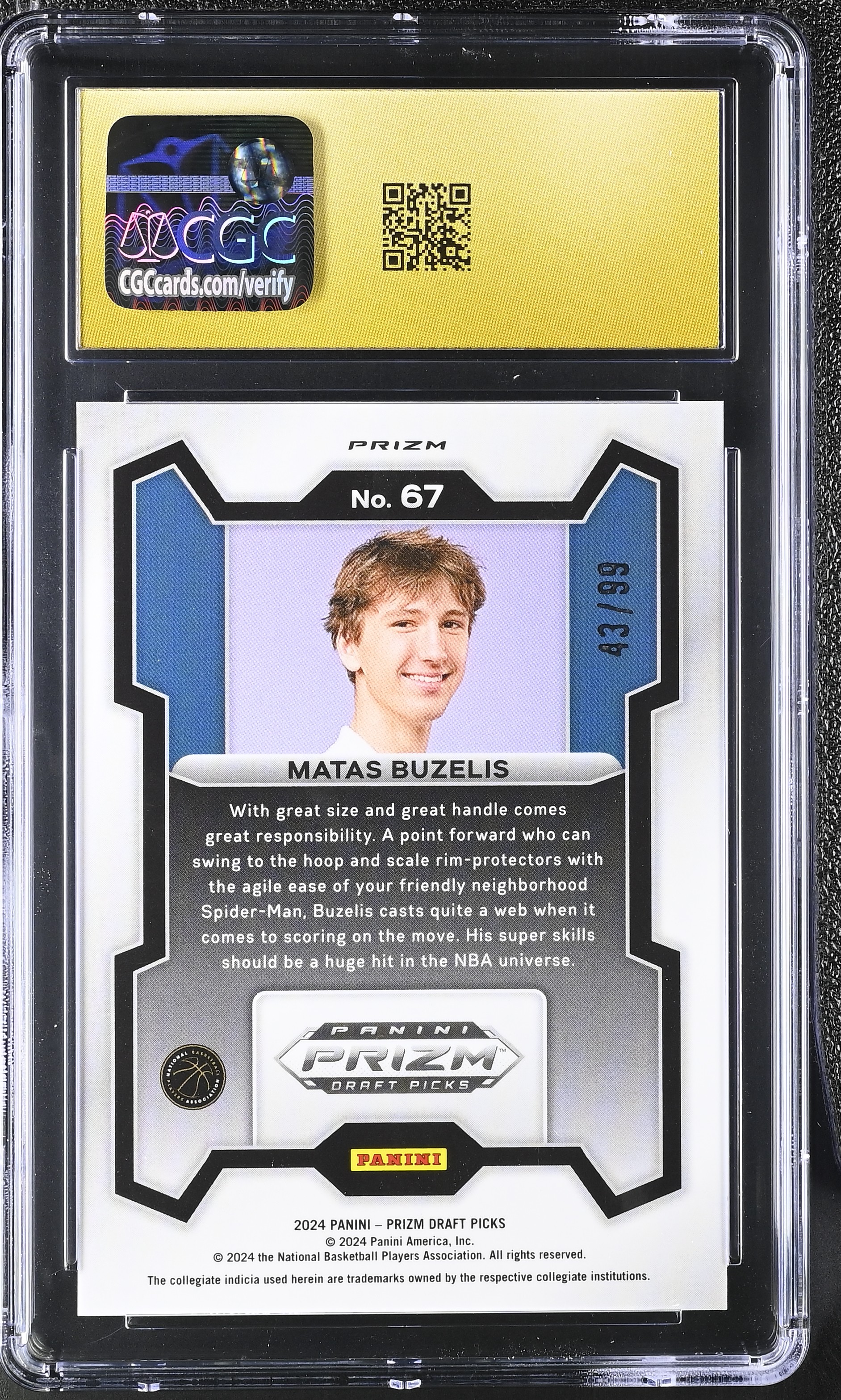 Matas Buzelis 2024 Panini Prizm Draft Picks Blue Pulsar #67 #43/99 (CGC 10 | Black Label) at PristineAuction.com Matas Buzelis 2024 Panini Prizm Draft Picks Blue Pulsar #67 #43/99 (CGC 10 | Black Label) at PristineAuction.com