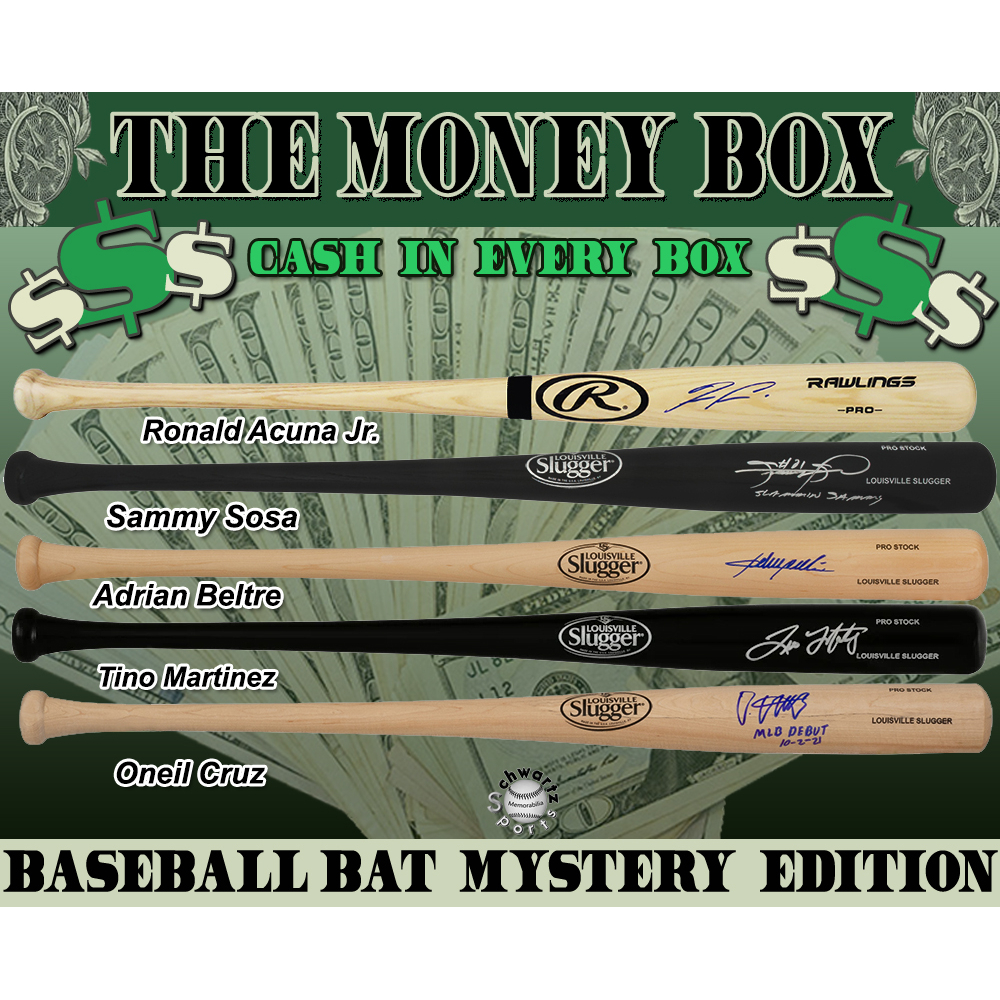 $$ THE MONEY BOX $$ Baseball Bat Signed Mystery Box - Series 7 (Limited to 125) - Schwartz Sports CASH IN EVERY BOX!! - 1 Signed Baseball Bat & One Bill of U.S. Currency (ranging from $1 to $100) In Every Box at PristineAuction.com