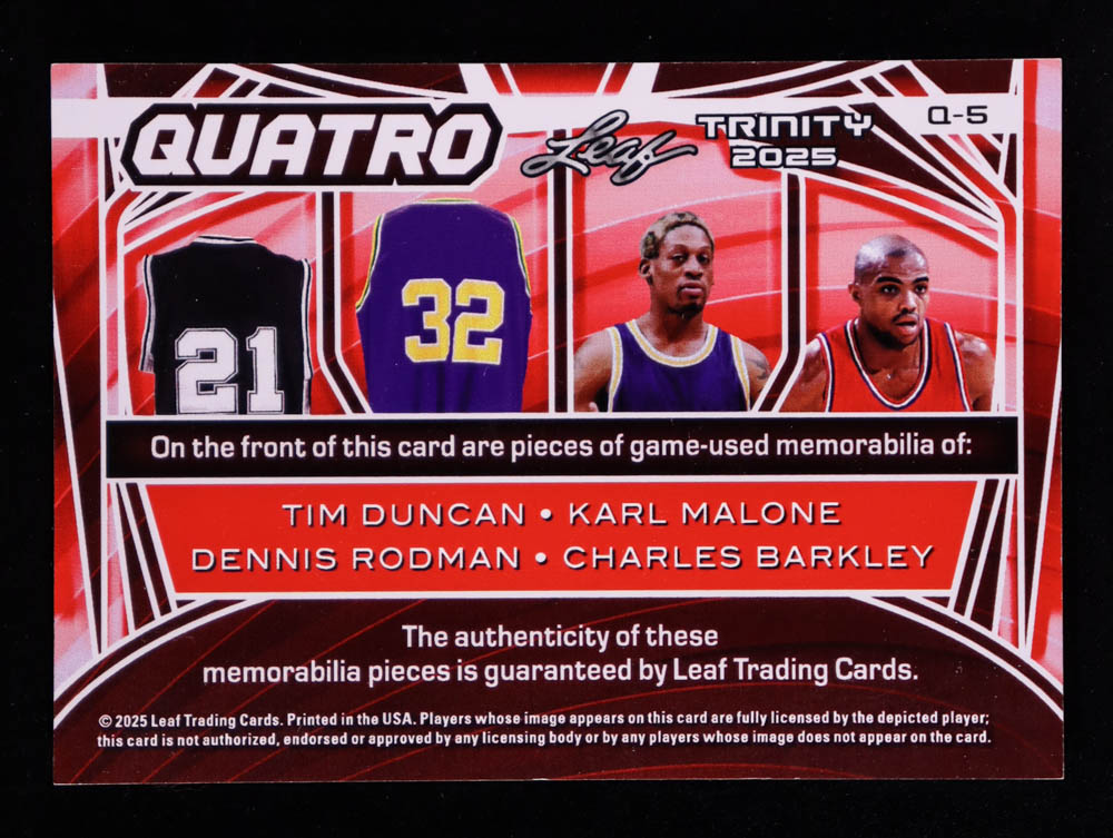 Tim Duncan / Karl Malone / Dennis Rodman / Charles Barkley 2025 Leaf Trinity Quatro Memorabilia Bronze #Q5 #4/25 at PristineAuction.com Tim Duncan / Karl Malone / Dennis Rodman / Charles Barkley 2025 Leaf Trinity Quatro Memorabilia Bronze #Q5 #4/25 at PristineAuction.com
