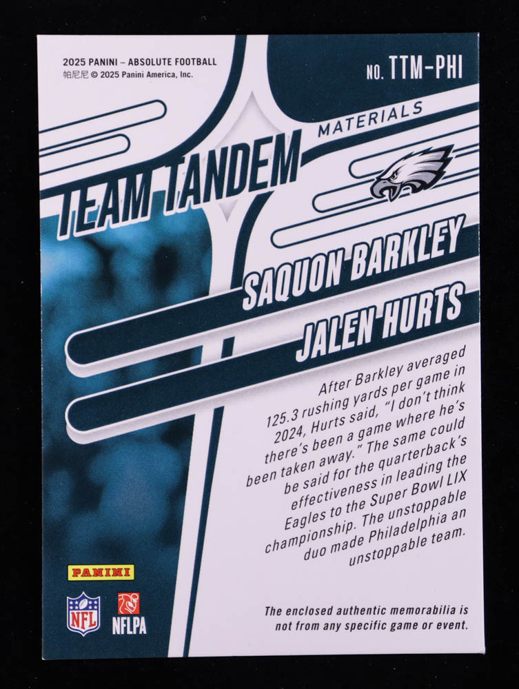 Saquon Barkley / Jalen Hurts 2025 Absolute Team Tandem Materials #7 #114/115 at PristineAuction.com Saquon Barkley / Jalen Hurts 2025 Absolute Team Tandem Materials #7 #114/115 at PristineAuction.com