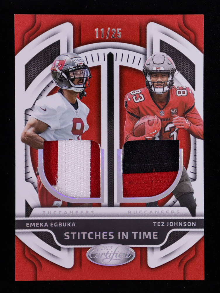 Emeka Egbuka / Tez Johnson 2025 Certified Stitches in Time Dual Mirror Red Etch #17 #11/25 at PristineAuction.com Emeka Egbuka / Tez Johnson 2025 Certified Stitches in Time Dual Mirror Red Etch #17 #11/25 at PristineAuction.com
