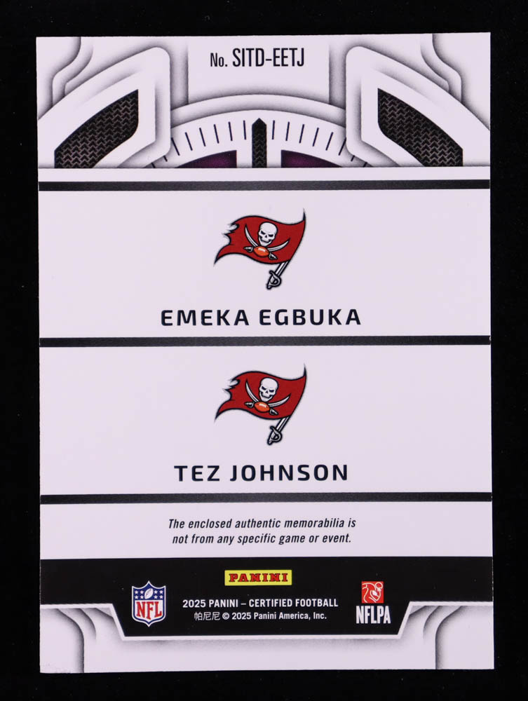 Emeka Egbuka / Tez Johnson 2025 Certified Stitches in Time Dual Mirror Red Etch #17 #11/25 at PristineAuction.com Emeka Egbuka / Tez Johnson 2025 Certified Stitches in Time Dual Mirror Red Etch #17 #11/25 at PristineAuction.com