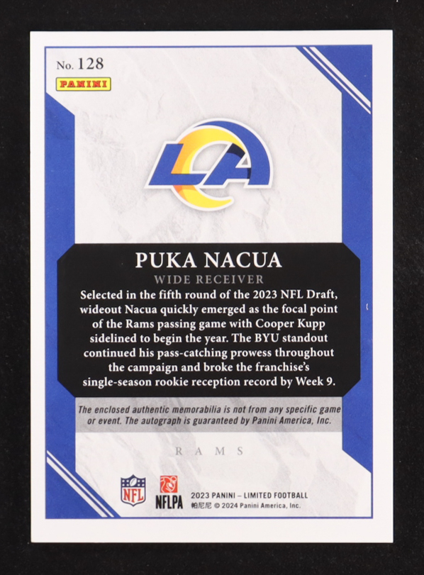 Puka Nacua 2023 Limited Gold Spotlight #128 Jersey Autograph RC #37/75 at PristineAuction.com Puka Nacua 2023 Limited Gold Spotlight #128 Jersey Autograph RC #37/75 at PristineAuction.com
