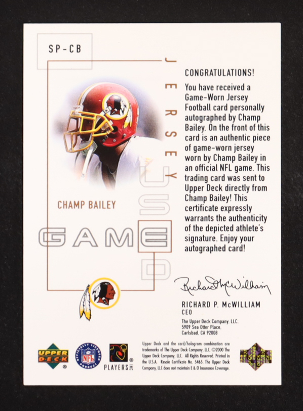 Champ Bailey 2000 Upper Deck Pros and Prospects Signature Piece 1 #SPCB at PristineAuction.com Champ Bailey 2000 Upper Deck Pros and Prospects Signature Piece 1 #SPCB at PristineAuction.com