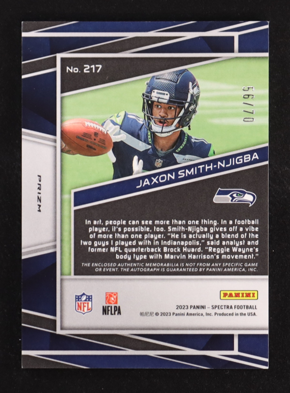 Jaxon Smith-Njigba Jersey 2023 Panini Spectra Supernova #217 Autograph RC #56/70 at PristineAuction.com Jaxon Smith-Njigba Jersey 2023 Panini Spectra Supernova #217 Autograph RC #56/70 at PristineAuction.com