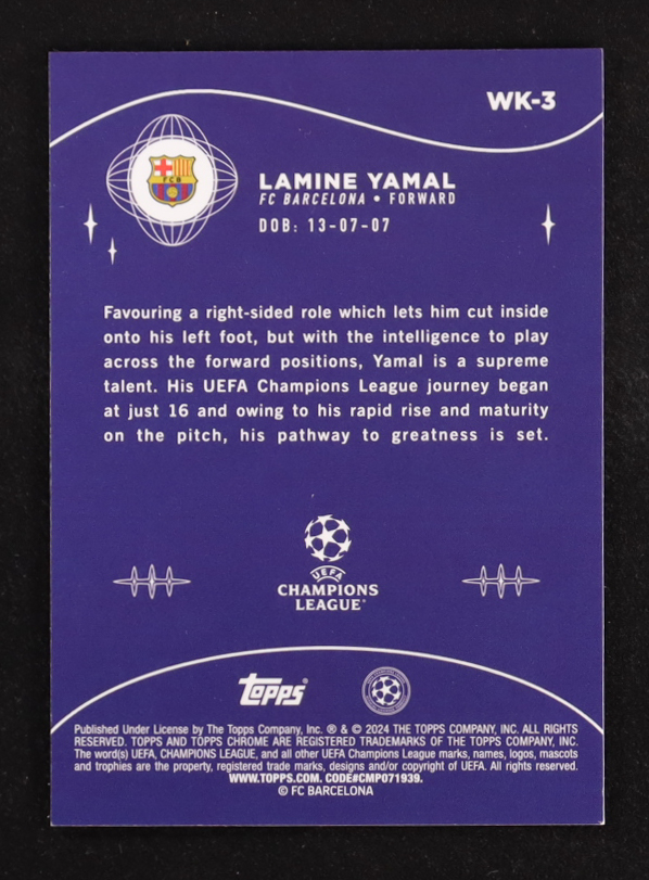Lamine Yamal 2023-24 Topps Chrome UEFA Club Competitions Wonderkids #WK3 RC at PristineAuction.com Lamine Yamal 2023-24 Topps Chrome UEFA Club Competitions Wonderkids #WK3 RC at PristineAuction.com