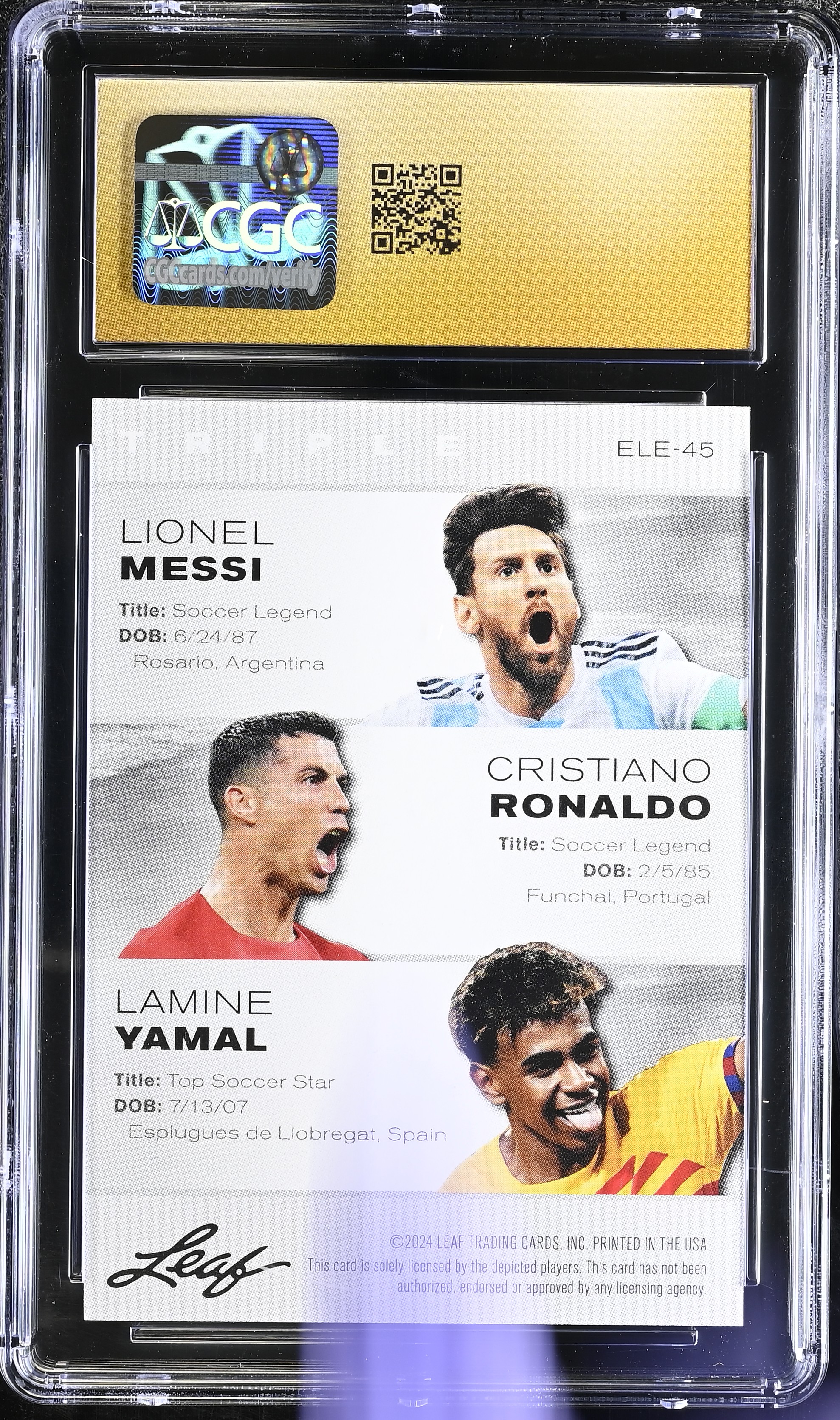 Messi/Ronaldo/Yamal 2024 Leaf Special Release Exclusive Legends Edition #45 (CGC 10 | Black Label) at PristineAuction.com Messi/Ronaldo/Yamal 2024 Leaf Special Release Exclusive Legends Edition #45 (CGC 10 | Black Label) at PristineAuction.com