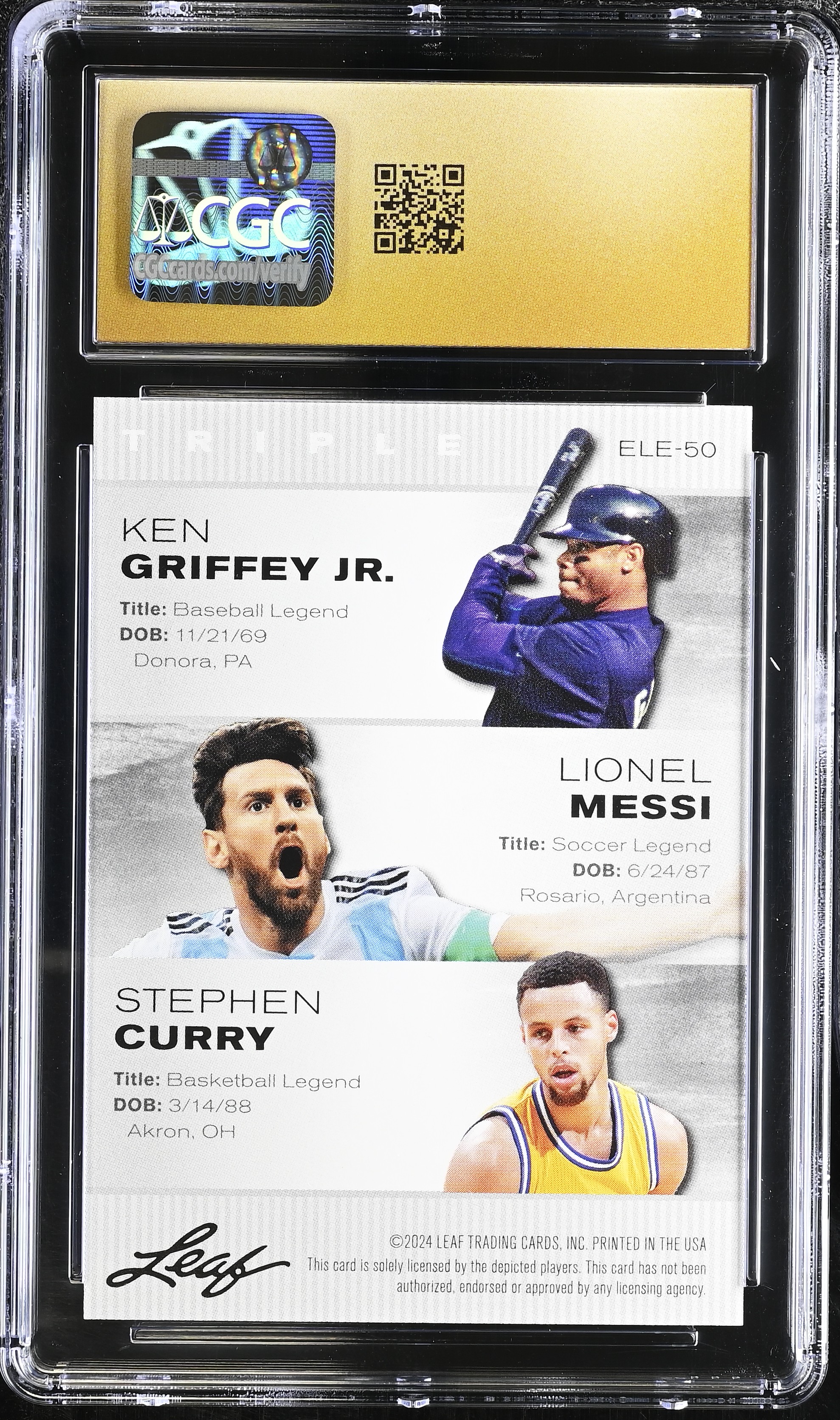 Griffey Jr./Messi/Curry 2024 Leaf Special Release Exclusive Legends Edition #50 (CGC 10 | Black Label) at PristineAuction.com Griffey Jr./Messi/Curry 2024 Leaf Special Release Exclusive Legends Edition #50 (CGC 10 | Black Label) at PristineAuction.com