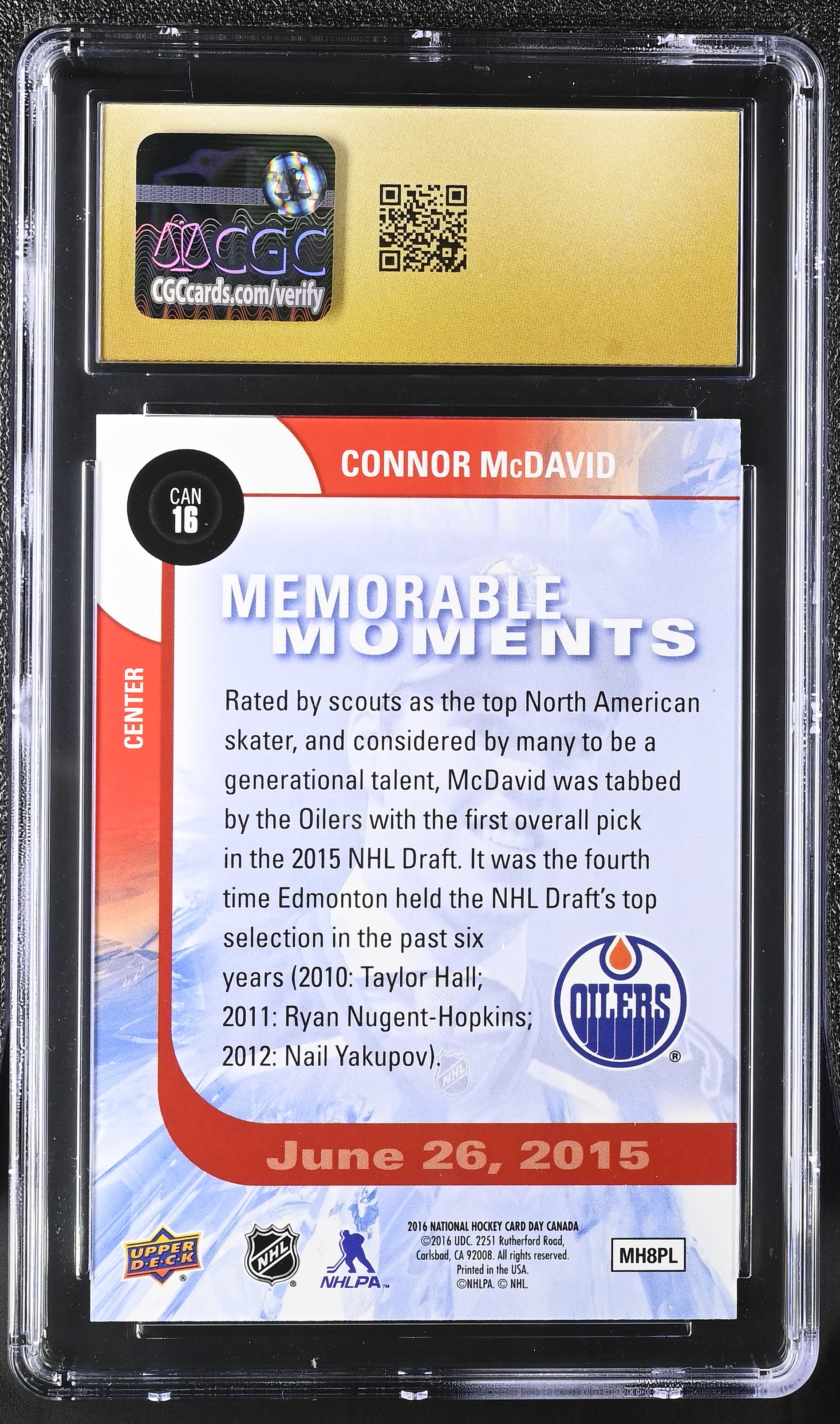 Connor Mcdavid 2015-16 UD National Hockey Card Day Canada #16 (CGC 10 | Black Label) at PristineAuction.com Connor Mcdavid 2015-16 UD National Hockey Card Day Canada #16 (CGC 10 | Black Label) at PristineAuction.com