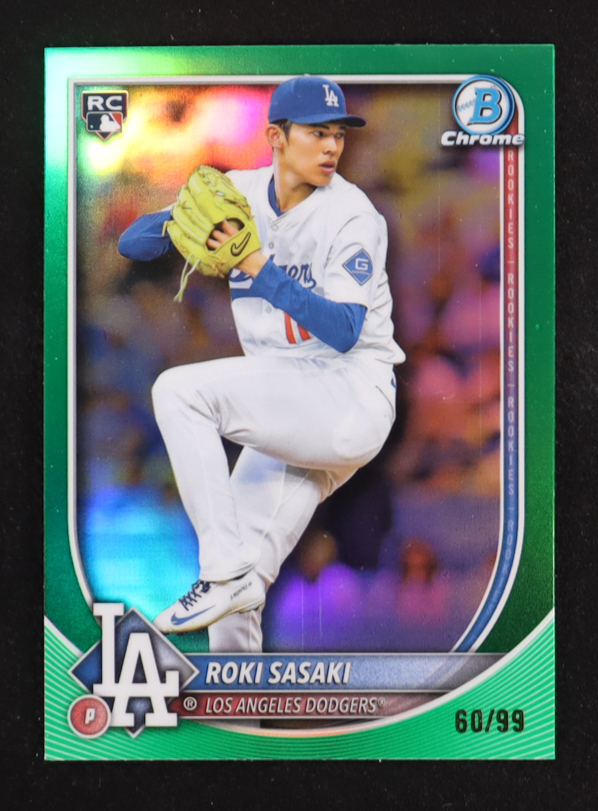 Roki Sasaki 2025 Bowman Chrome Green Refractors #12 RC #60/99 at PristineAuction.com Roki Sasaki 2025 Bowman Chrome Green Refractors #12 RC #60/99 at PristineAuction.com