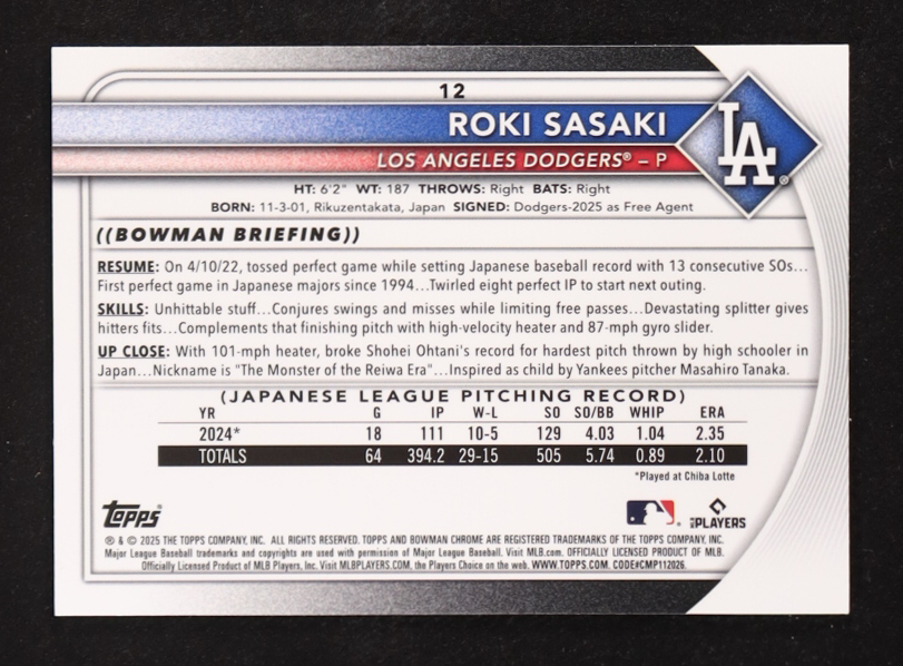 Roki Sasaki 2025 Bowman Chrome Green Refractors #12 RC #60/99 at PristineAuction.com Roki Sasaki 2025 Bowman Chrome Green Refractors #12 RC #60/99 at PristineAuction.com