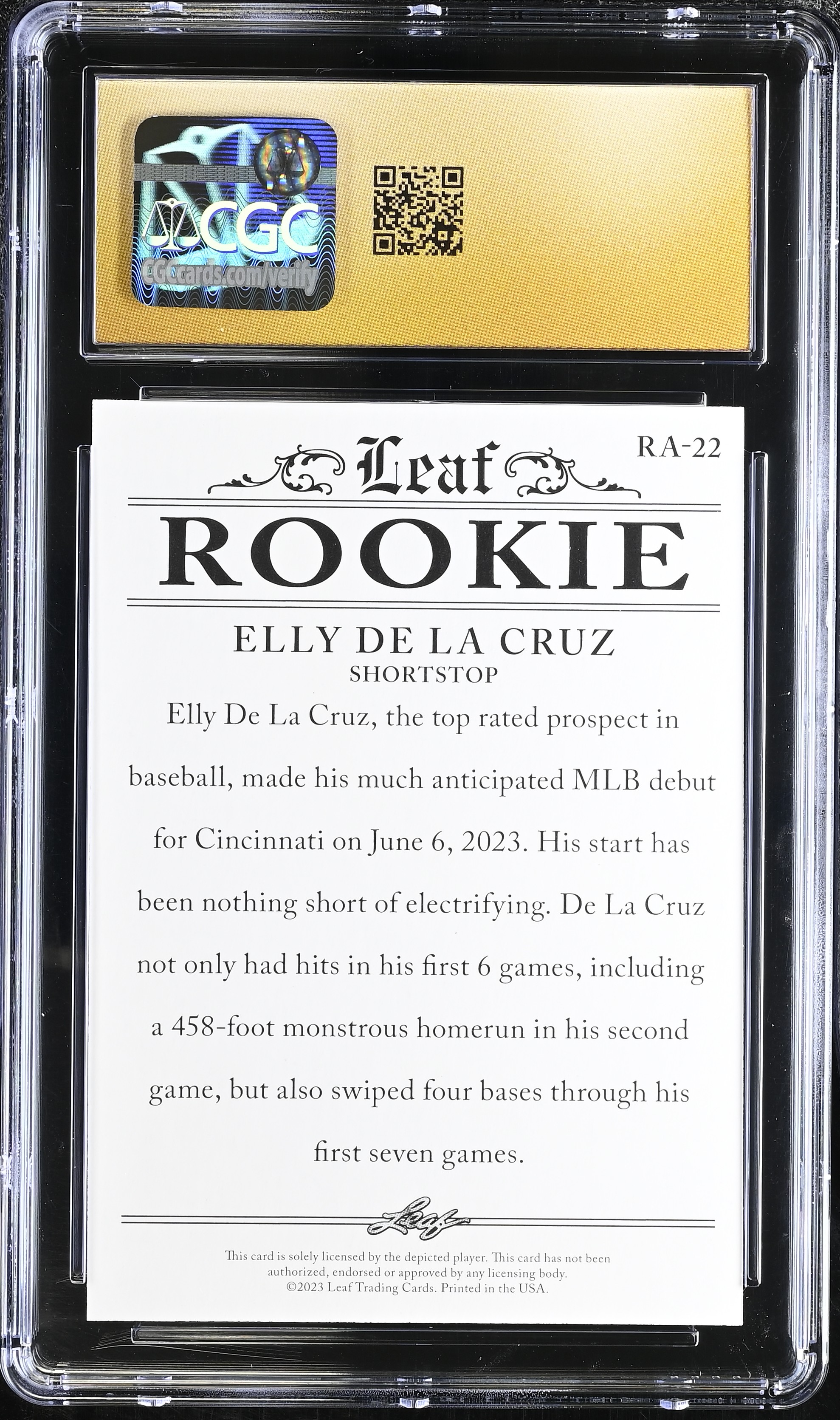 Elly De La Cruz 2023 Leaf Special Release Rookie Achievements #RA-22 (CGC 10 | Black Label) at PristineAuction.com Elly De La Cruz 2023 Leaf Special Release Rookie Achievements #RA-22 (CGC 10 | Black Label) at PristineAuction.com