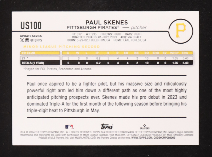 Paul Skenes 2024 Topps Update Rainbow Foil #US100 RC at PristineAuction.com Paul Skenes 2024 Topps Update Rainbow Foil #US100 RC at PristineAuction.com