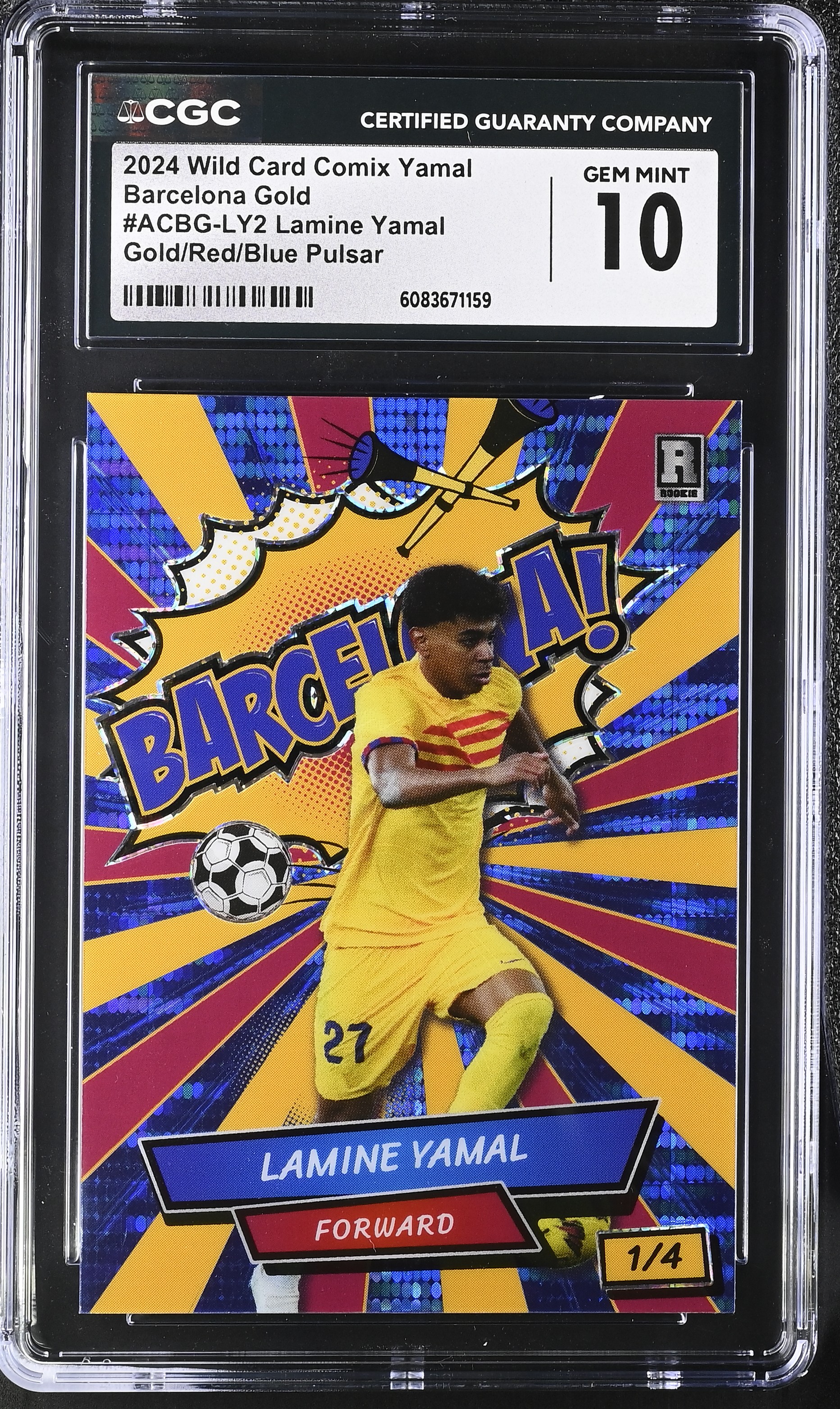 Lamine Yamal 2024 Wild Card Comix Yamal Barcelona Gold Gold/Red/Blue Pulsar #ACSB-LY2 #1/4(CGC 10) at PristineAuction.com Lamine Yamal 2024 Wild Card Comix Yamal Barcelona Gold Gold/Red/Blue Pulsar #ACSB-LY2 #1/4(CGC 10) at PristineAuction.com