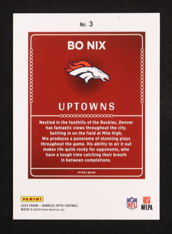 Bo Nix 2024 Donruss Optic Uptowns #3 RC at PristineAuction.com Bo Nix 2024 Donruss Optic Uptowns #3 RC at PristineAuction.com