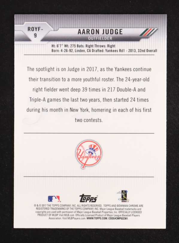 Aaron Judge 2017 Bowman Chrome Rookie of the Year Favorites Refractors #ROYF9 RC at PristineAuction.com Aaron Judge 2017 Bowman Chrome Rookie of the Year Favorites Refractors #ROYF9 RC at PristineAuction.com
