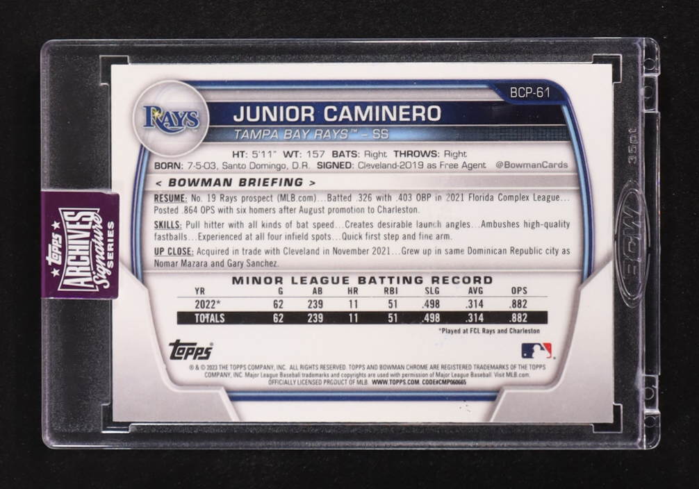 Junior Caminero 2025 Topps Archives Signature Series Active Junior Caminero #BPC61 / '23 Bowman #5/10 at PristineAuction.com Junior Caminero 2025 Topps Archives Signature Series Active Junior Caminero #BPC61 / '23 Bowman #5/10 at PristineAuction.com